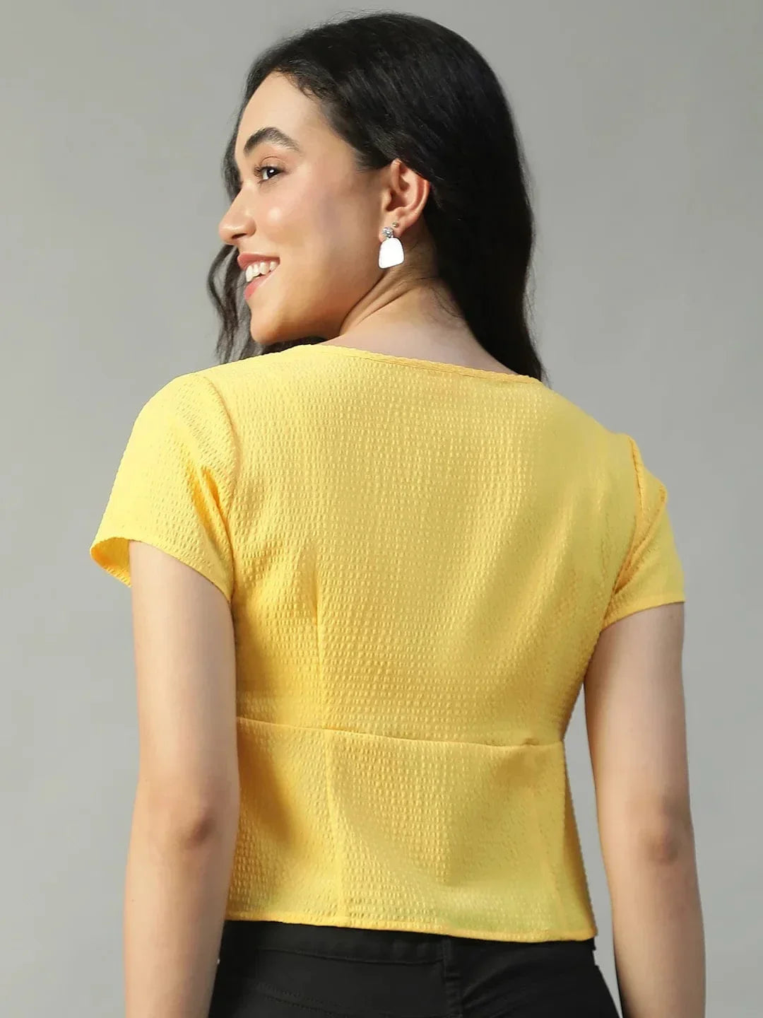 Electric Solid Yellow Tie-Up Detail Short Sleeve Seersucker Dobby Women Top - oxolloxo