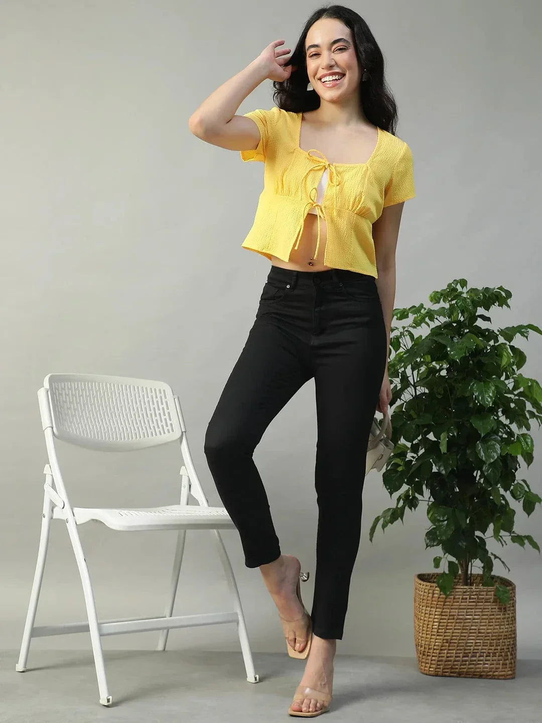 Electric Solid Yellow Tie-Up Detail Short Sleeve Seersucker Dobby Women Top - oxolloxo