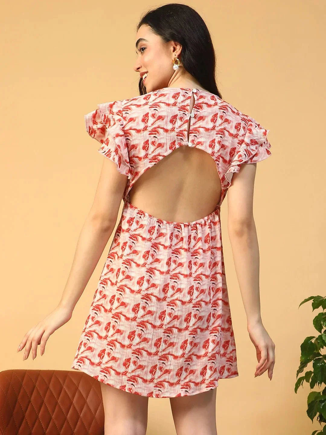 Amber Rust Marble Print Short Sleeve Button Down Cut Out & Ruffle Detail Women Dress In Slub Fabric - oxolloxo