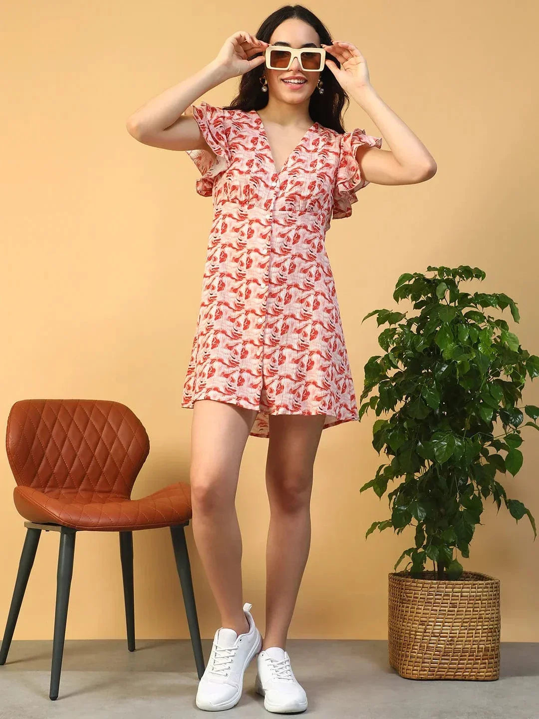 Amber Rust Marble Print Short Sleeve Button Down Cut Out & Ruffle Detail Women Dress In Slub Fabric - oxolloxo