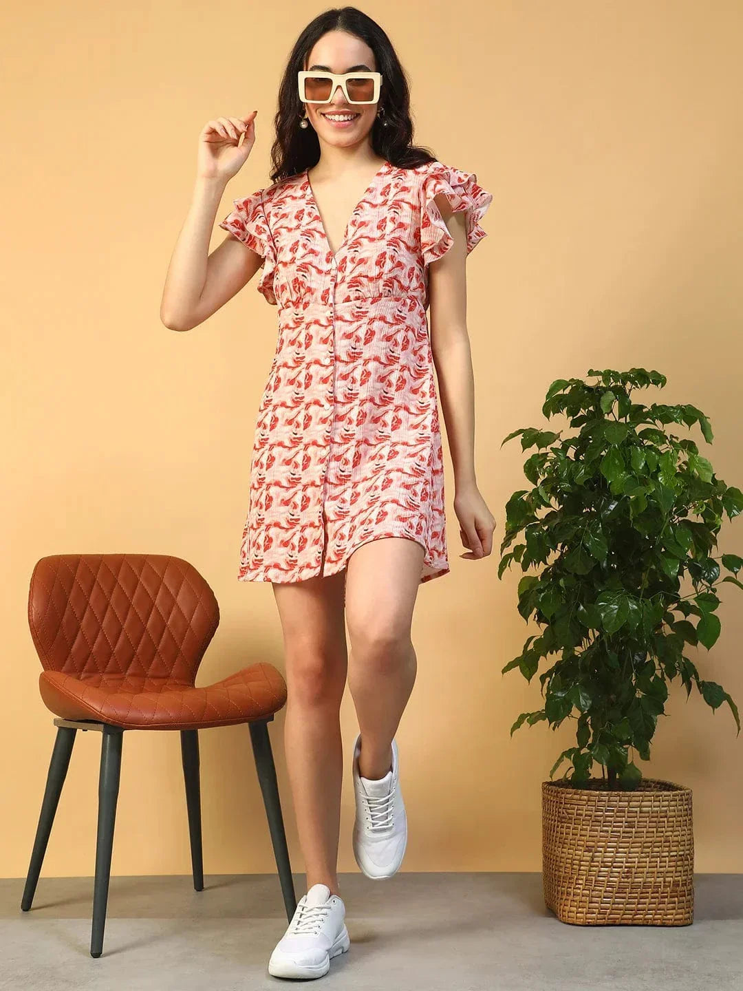 Amber Rust Marble Print Short Sleeve Button Down Cut Out & Ruffle Detail Women Dress In Slub Fabric - oxolloxo