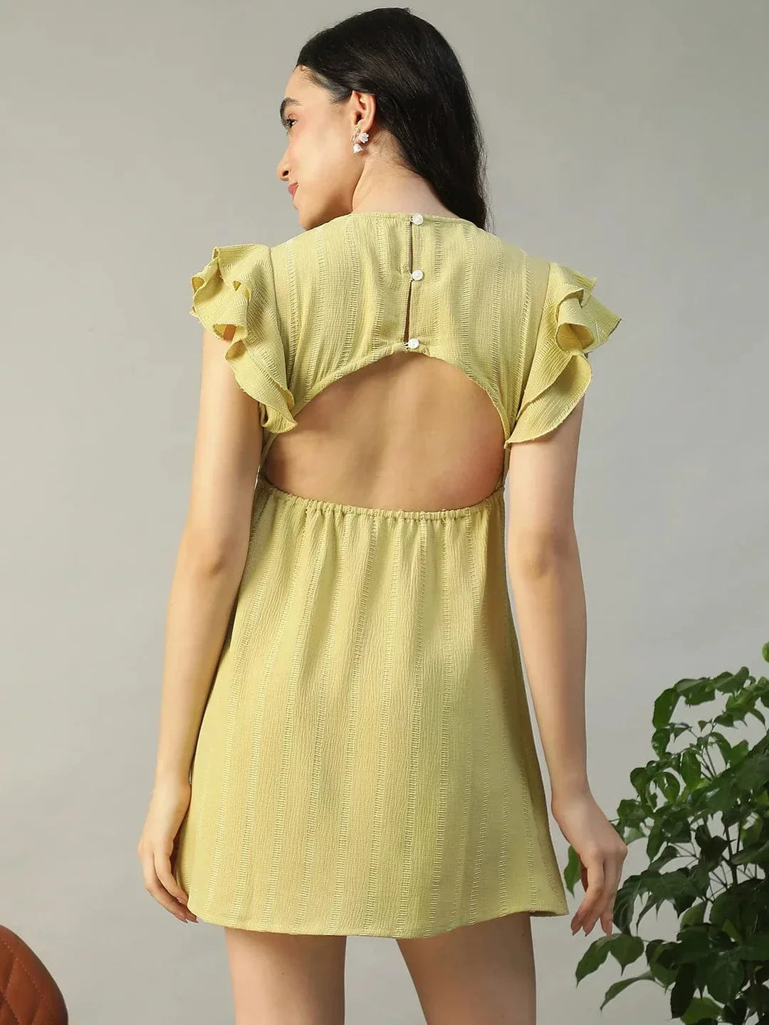 Moss Green Stripe Print Short Sleeve Button Down Cut Out & Ruffle Detail Women Dress In Slub Fabric - oxolloxo