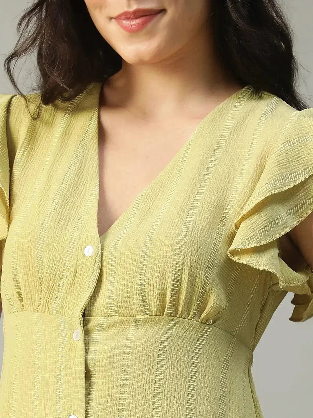 Moss Green Stripe Print Short Sleeve Button Down Cut Out & Ruffle Detail Women Dress In Slub Fabric - oxolloxo