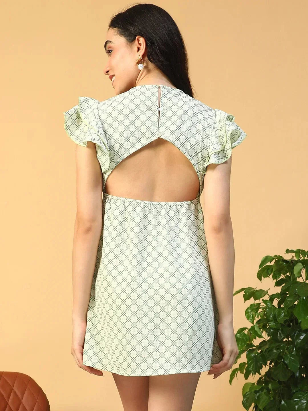 Clamin Green Check Print Short Sleeve Button Down Cut Out & Ruffle Detail Women Dress In Slub Fabric - oxolloxo