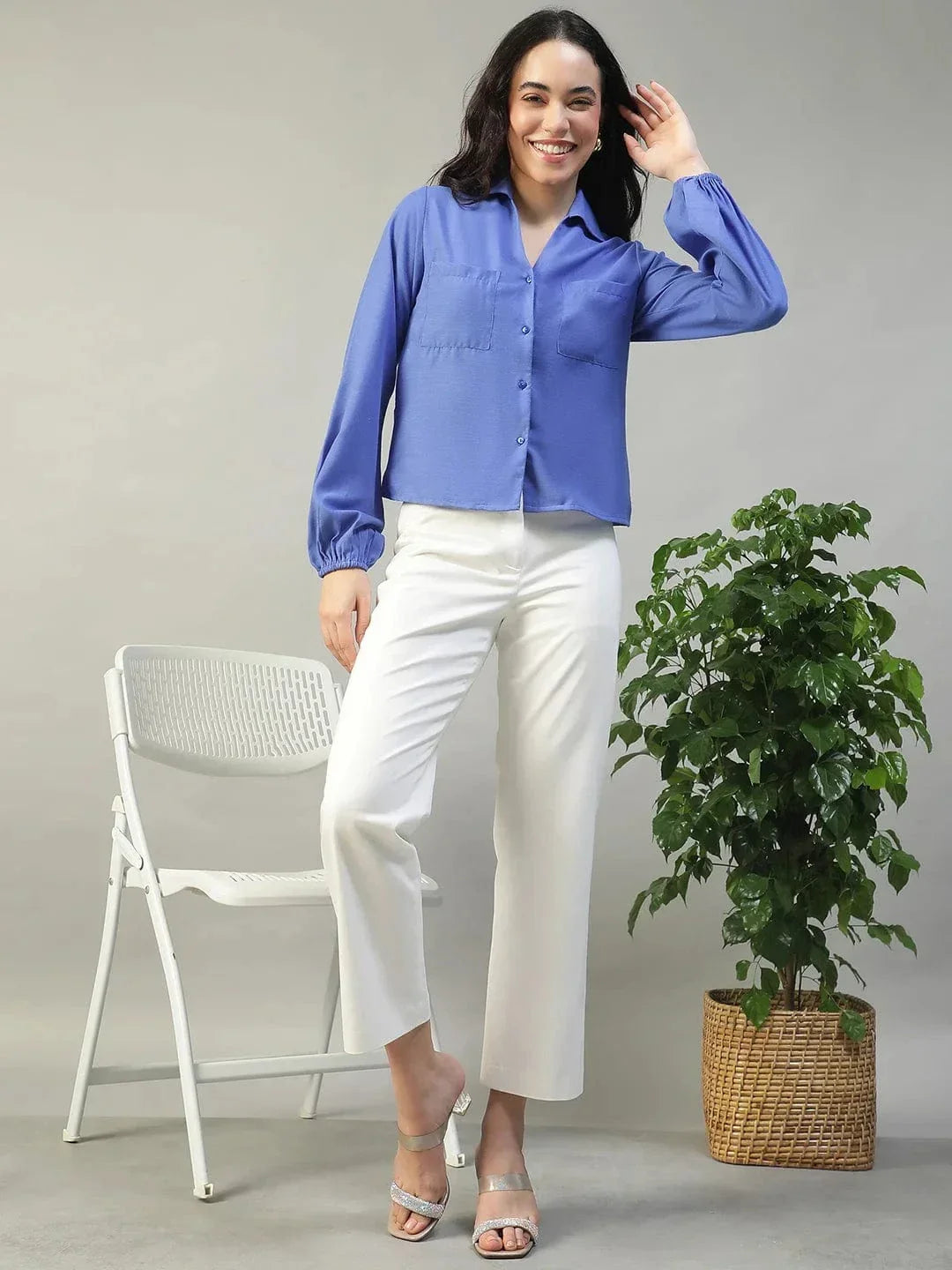 Steel Blue Collared Button Down Long Sleeve Women Shirt In Slub Fabric - oxolloxo