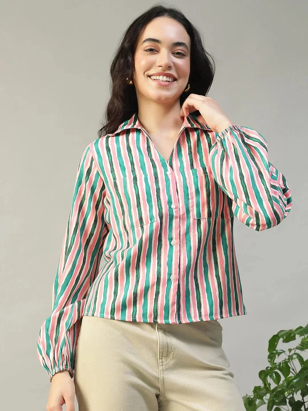 Multicolor Stripe Print Collared Button Down Long Sleeve Women Shirt In  Slub Fabric