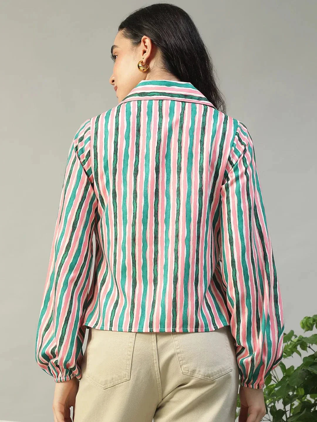 Multicolor Stripe Print Collared Button Down Long Sleeve Women Shirt In Slub Fabric - oxolloxo