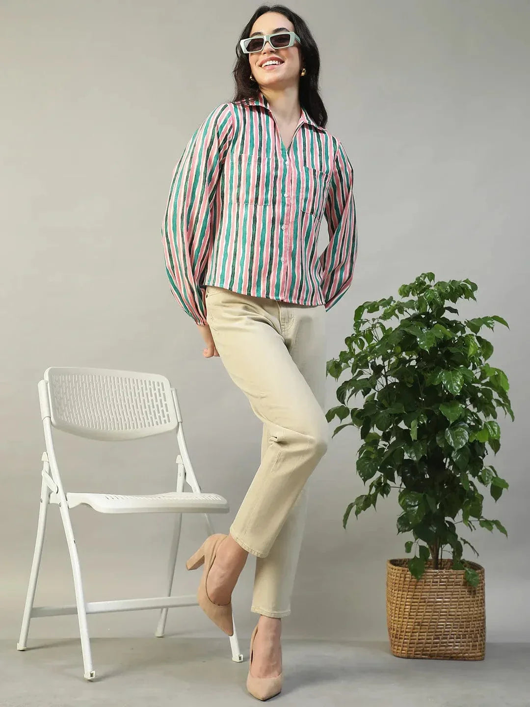 Multicolor Stripe Print Collared Button Down Long Sleeve Women Shirt In Slub Fabric - oxolloxo