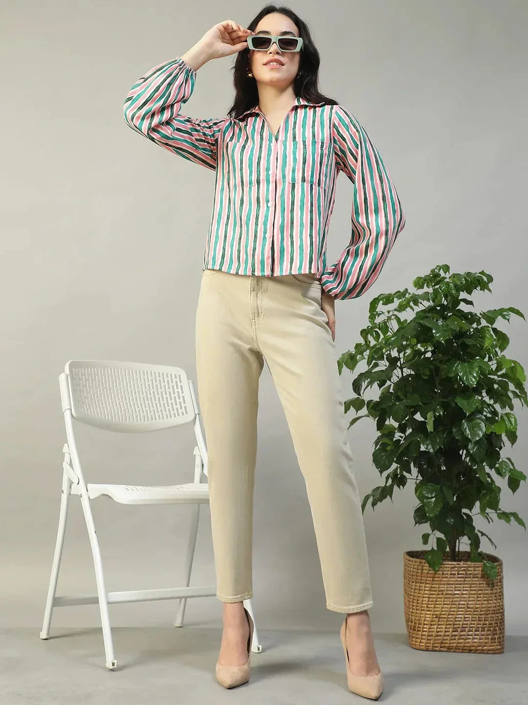 Multicolor Stripe Print Collared Button Down Long Sleeve Women Shirt In Slub Fabric - oxolloxo