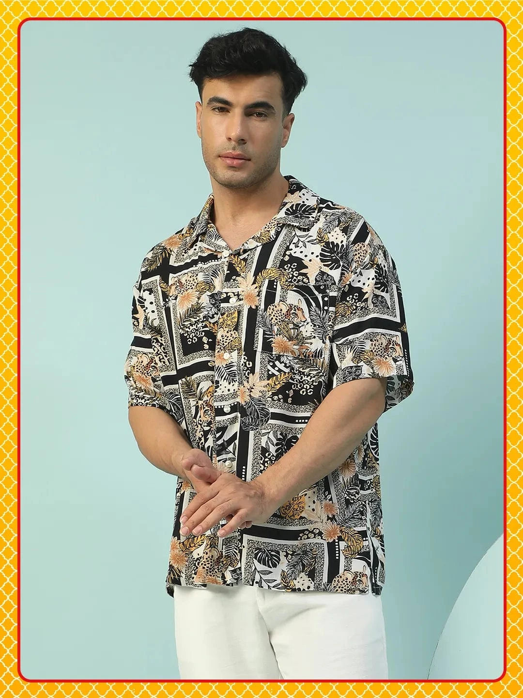 Roar Black Floral Print Lapel Collar Short Sleeve Men Oversized Shirt