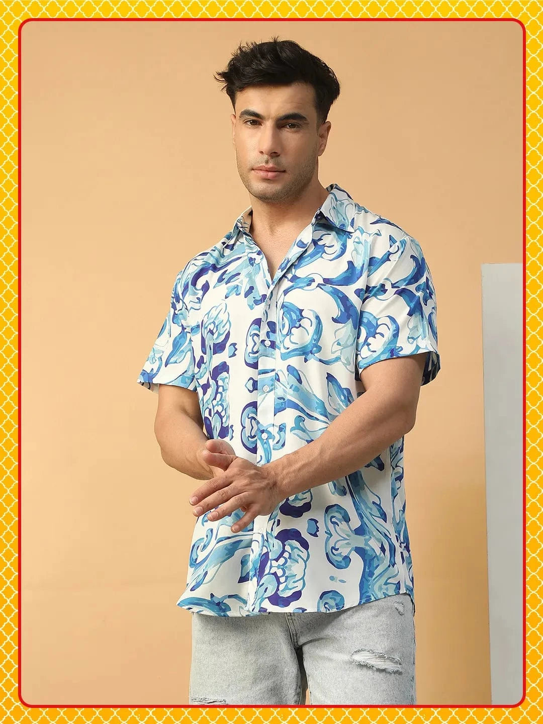 Player Blue Abstract Print Collared Short Sleeve Men Oversized Shirt
