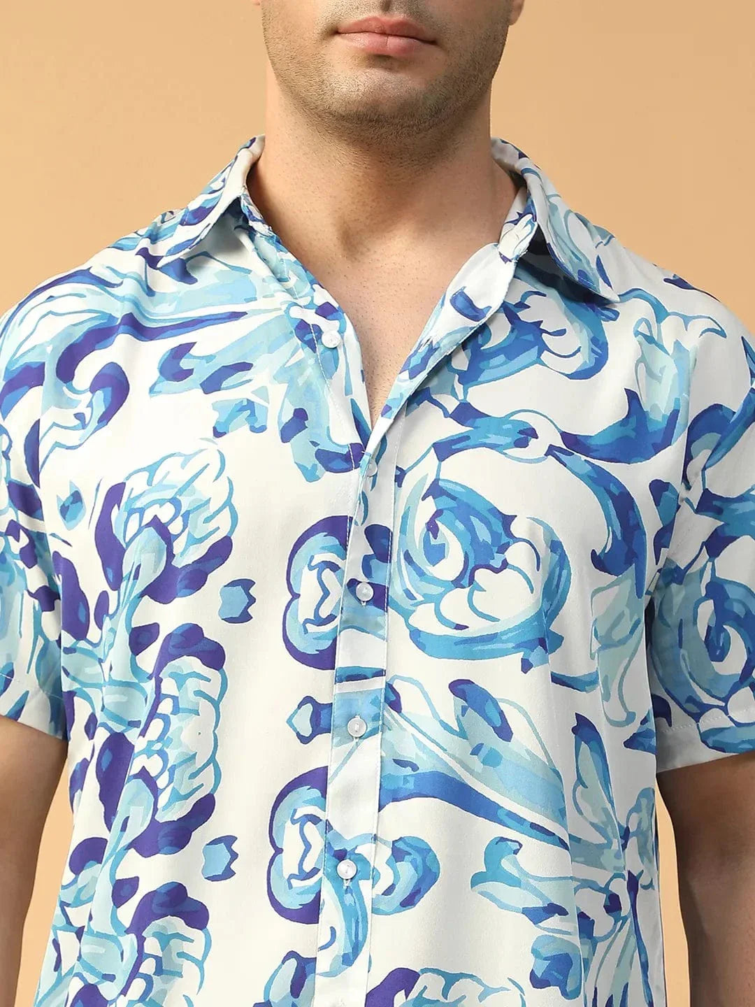 Player Blue Abstract Print Collared Short Sleeve Men
