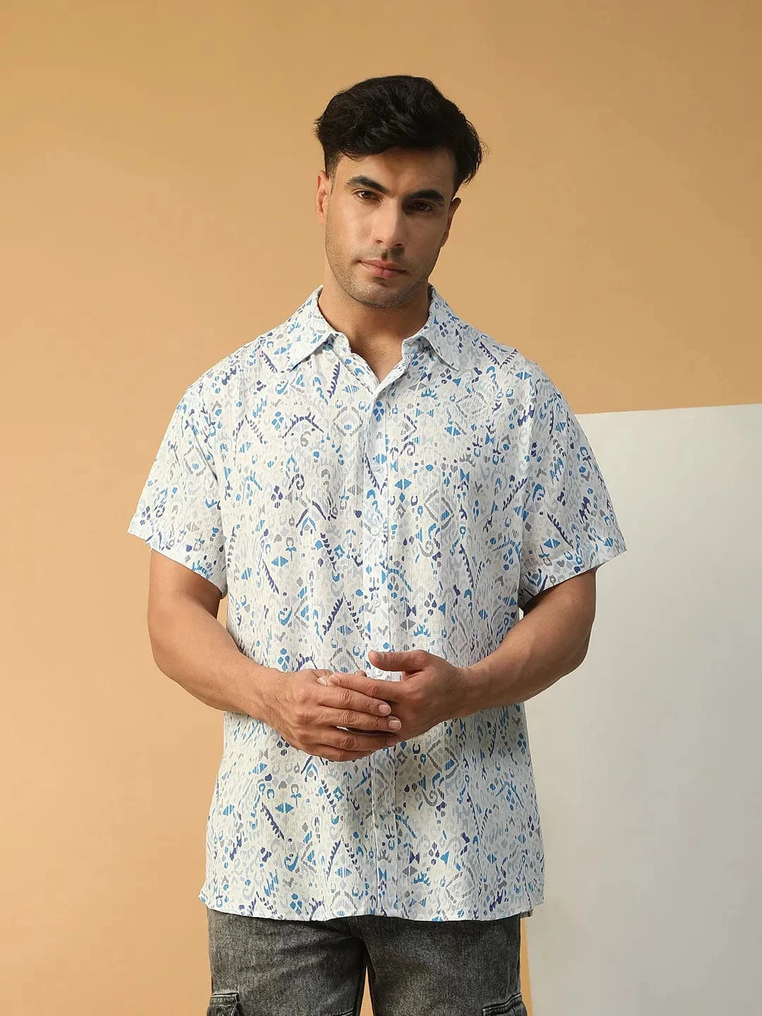 Flexer Abstract Print Multicolor Collared Short Sleeve Men Oversized Shirt