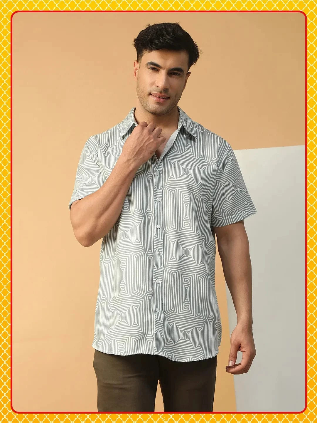 Hunk Light Green Geometric Print Collared Short Sleeve Men Oversized Shirt