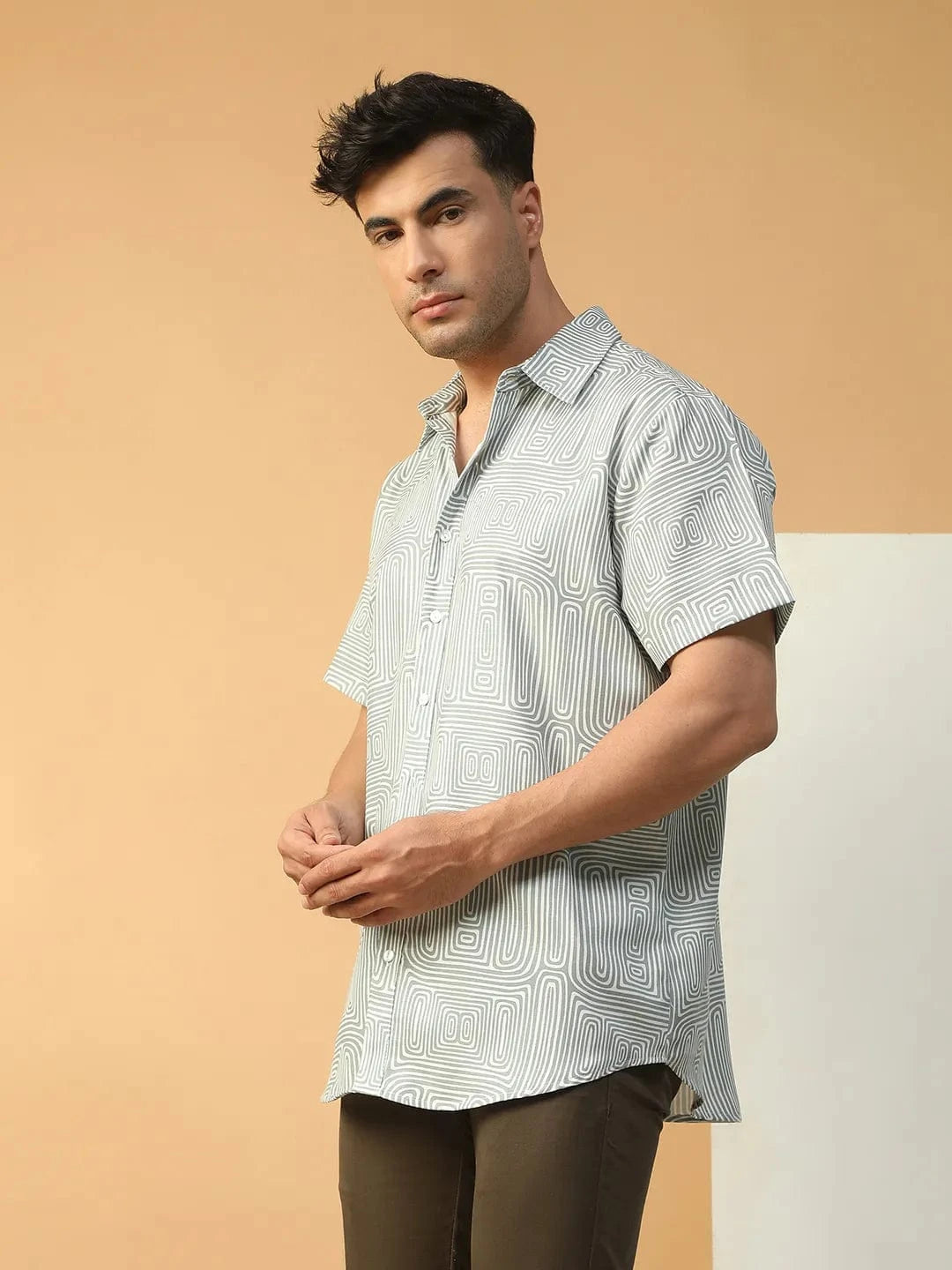 Hunk Light Green Geometric Print Collared Short Sleeve Men Oversized Shirt