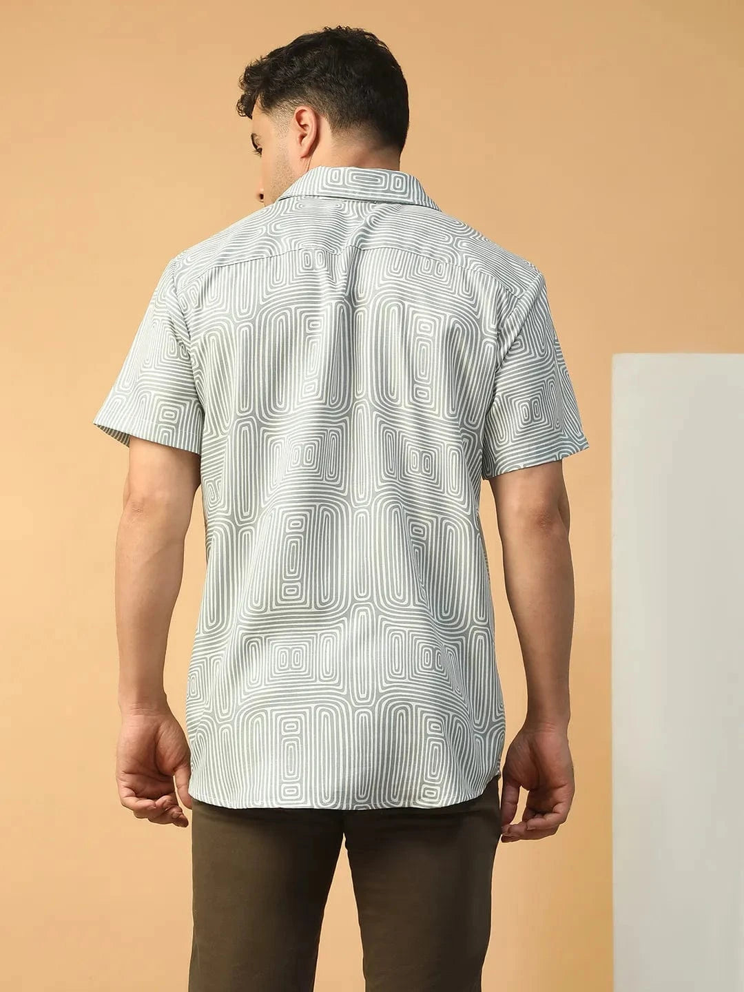 Hunk Light Green Geometric Print Collared Short Sleeve Men Oversized Shirt