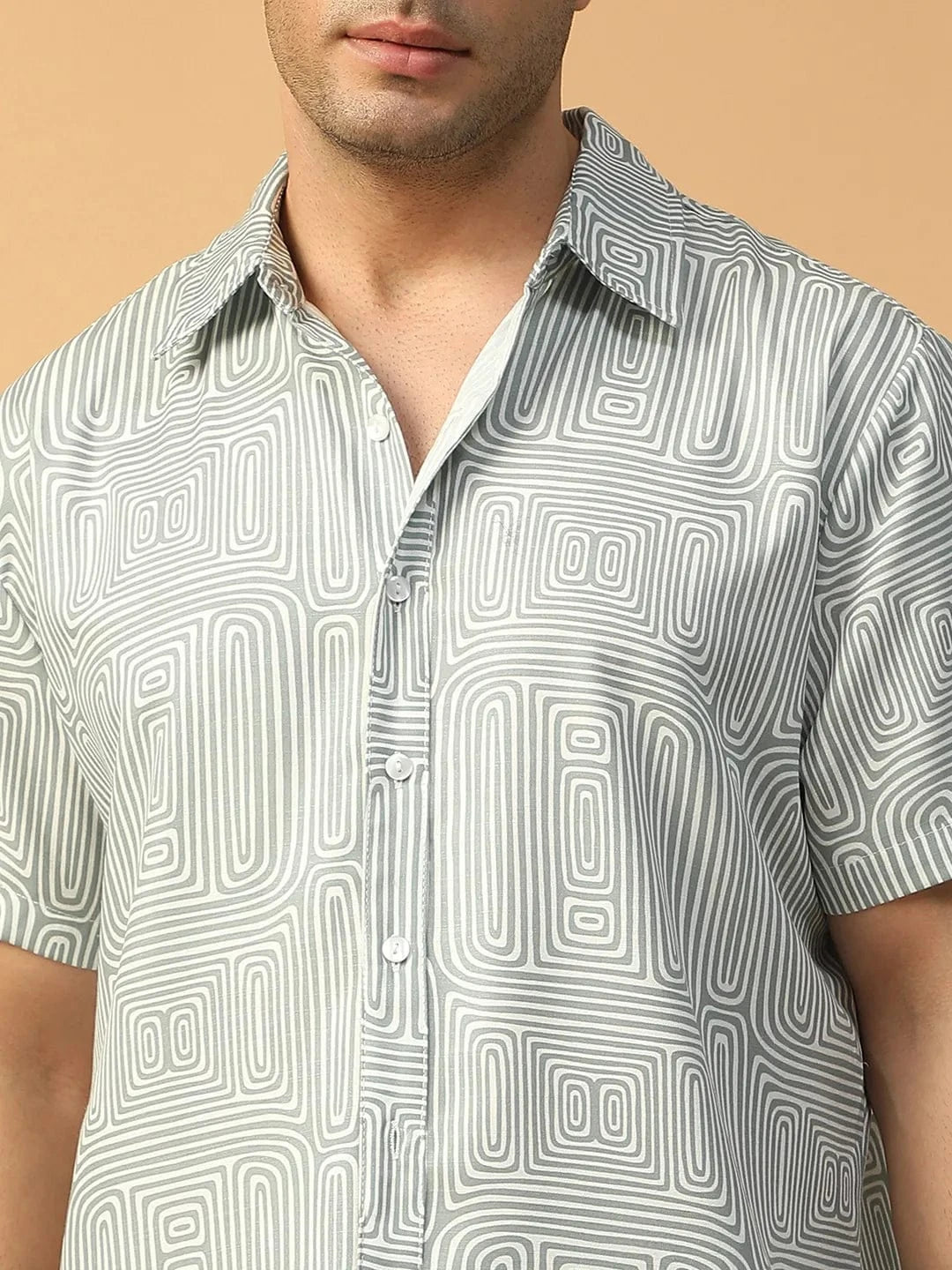 Hunk Light Green Geometric Print Collared Short Sleeve Men Oversized Shirt