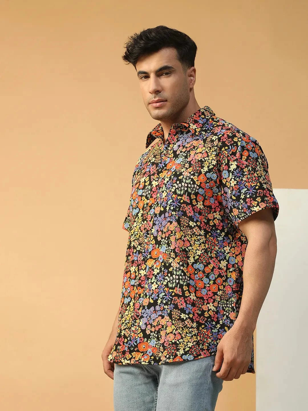 Loud Floral Print Multicolor Collared Short Sleeve Men Oversized Shirt