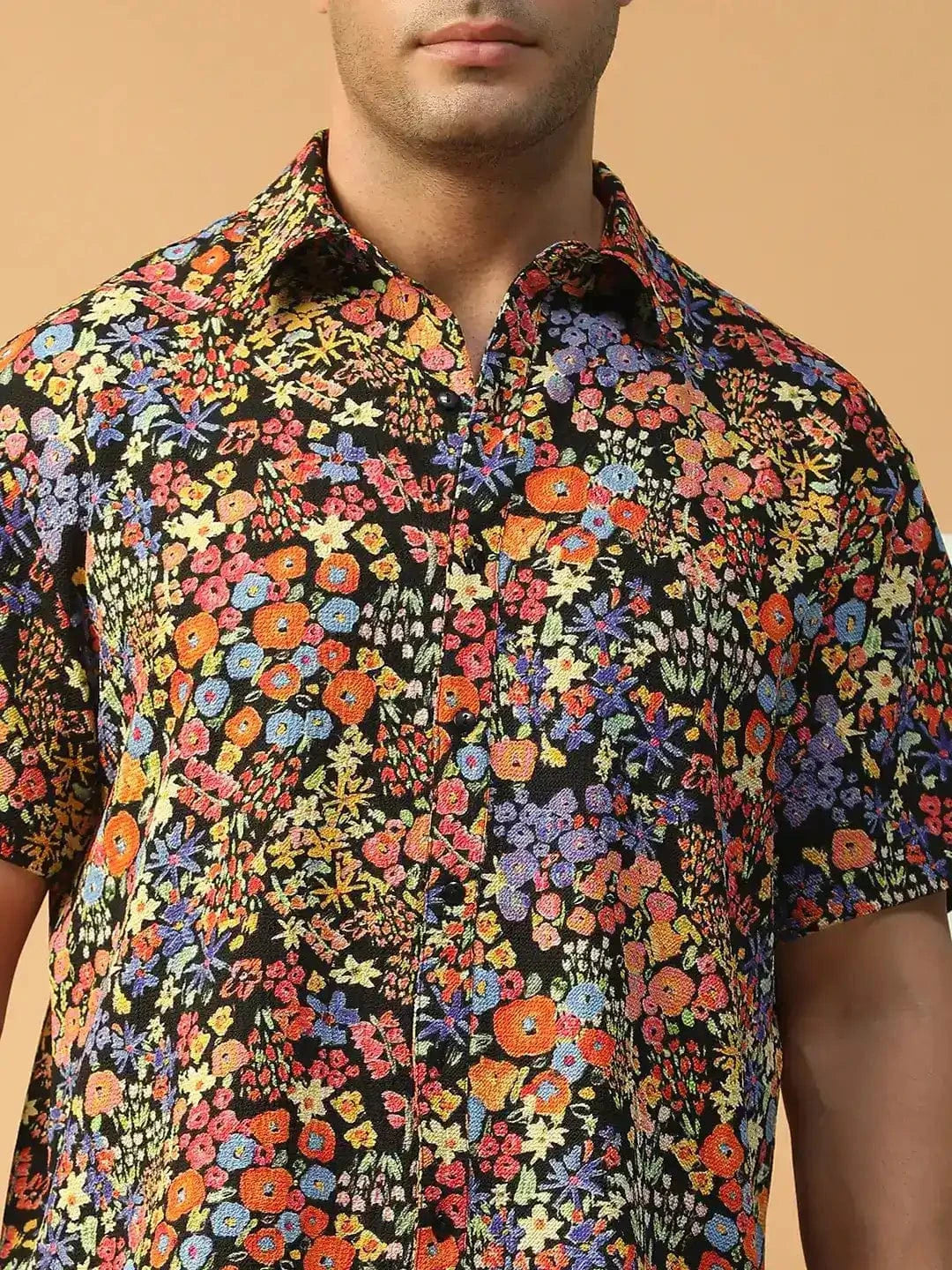 Loud Floral Print Multicolor Collared Short Sleeve Men Oversized Shirt