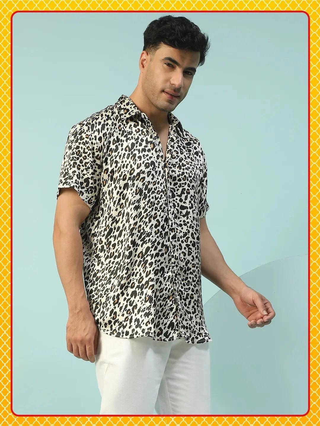 Macho Animal Print Multicolor Collared Short Sleeve Men Oversized Shirt
