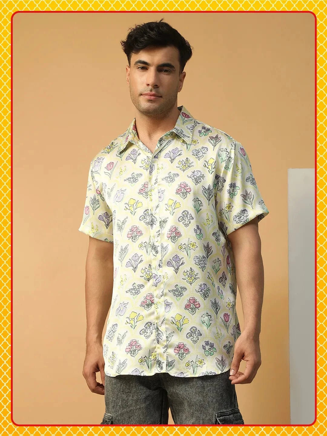 Luxe Floral Print Multicolor Collared Short Sleeve Men Oversized Satin Shirt
