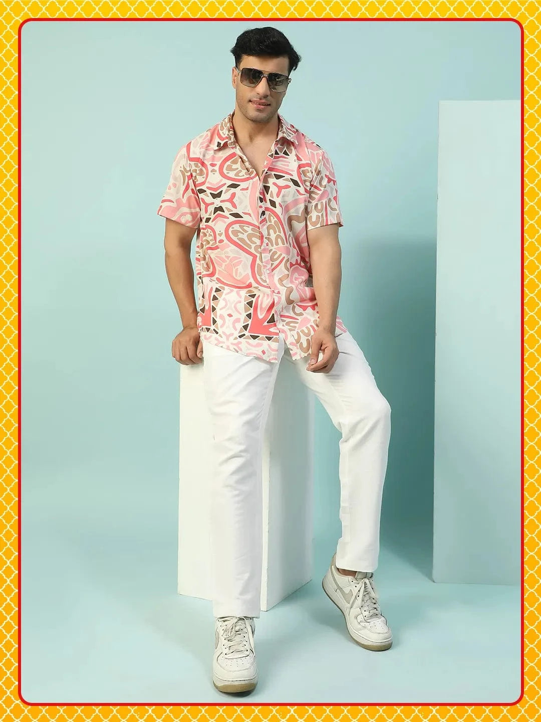 Swagger Abstract Print Multicolor Collared Short Sleeve Men Oversized Shirt