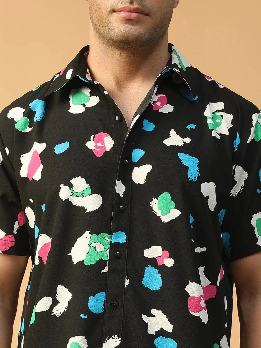 Vibe Black Abstract Print Collared Short Sleeve Men Oversized Shirt