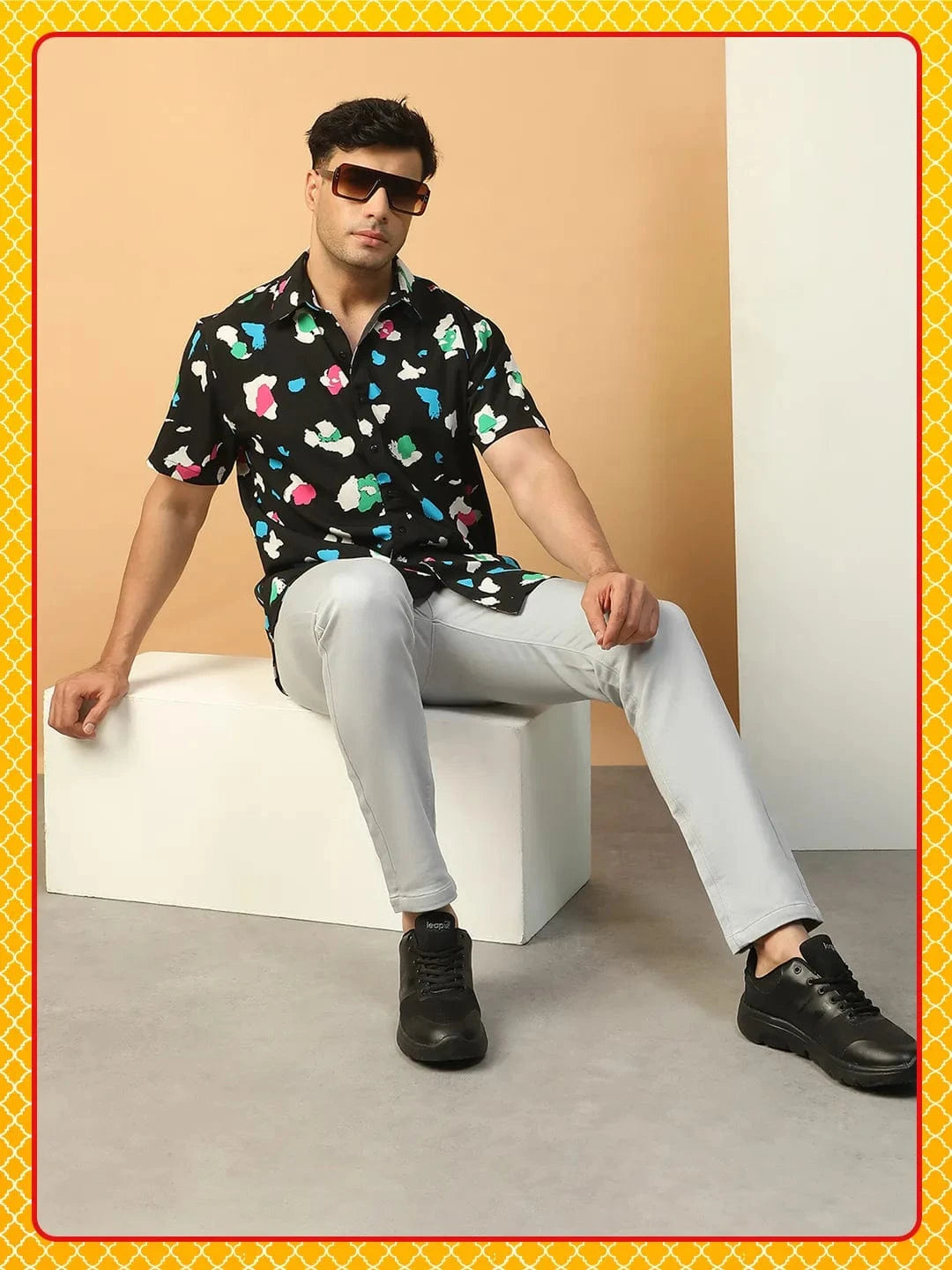 Vibe Black Abstract Print Collared Short Sleeve Men Oversized Shirt