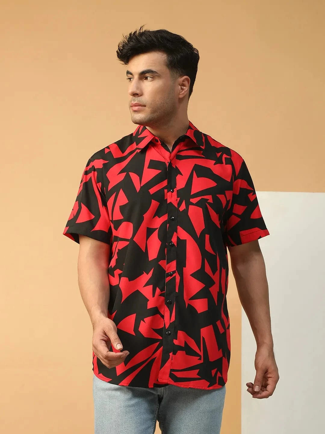 Strong Red Abstract Print Collared Short Sleeve Men Oversized Shirt