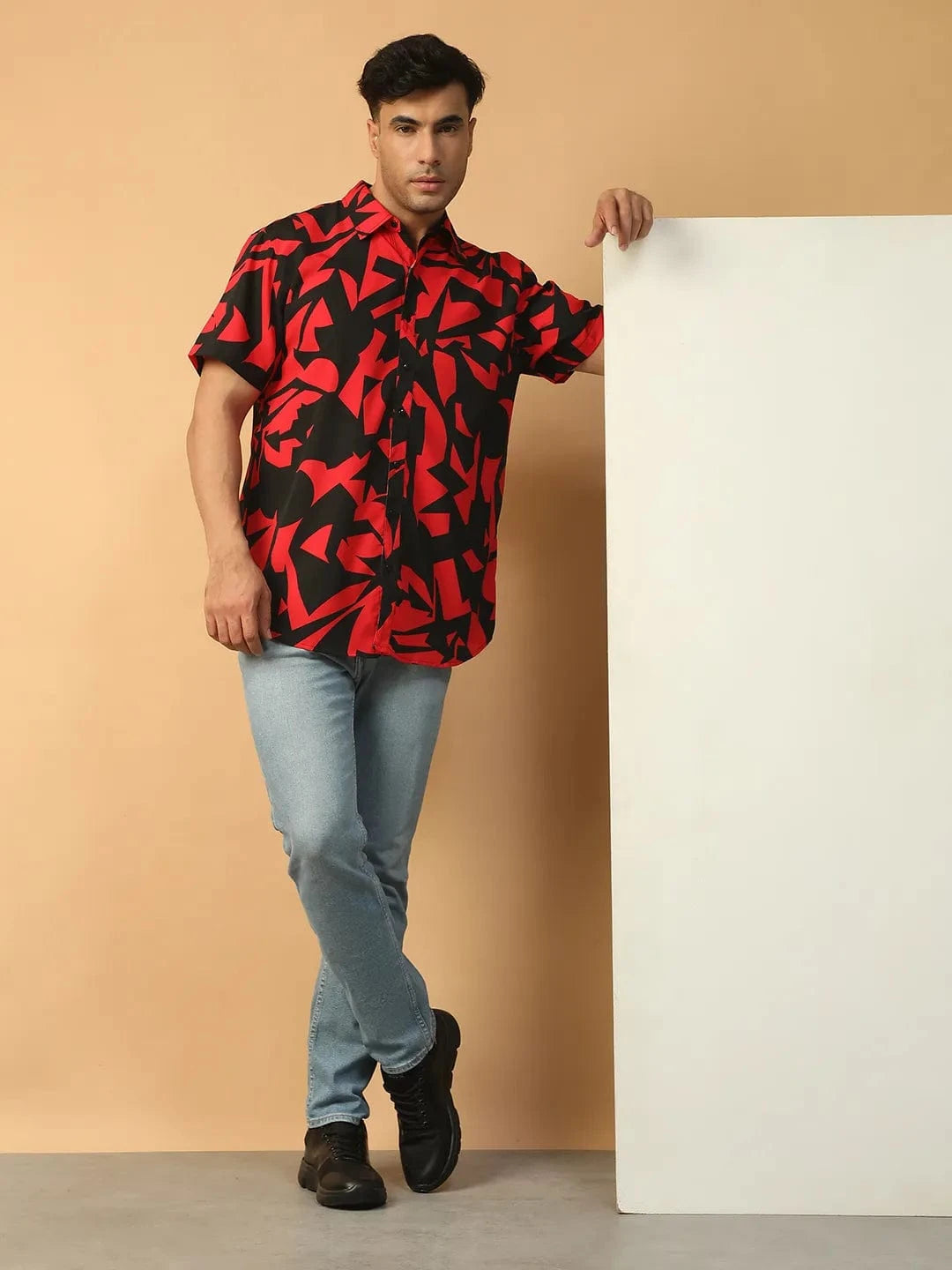 Strong Red Abstract Print Collared Short Sleeve Men Oversized Shirt