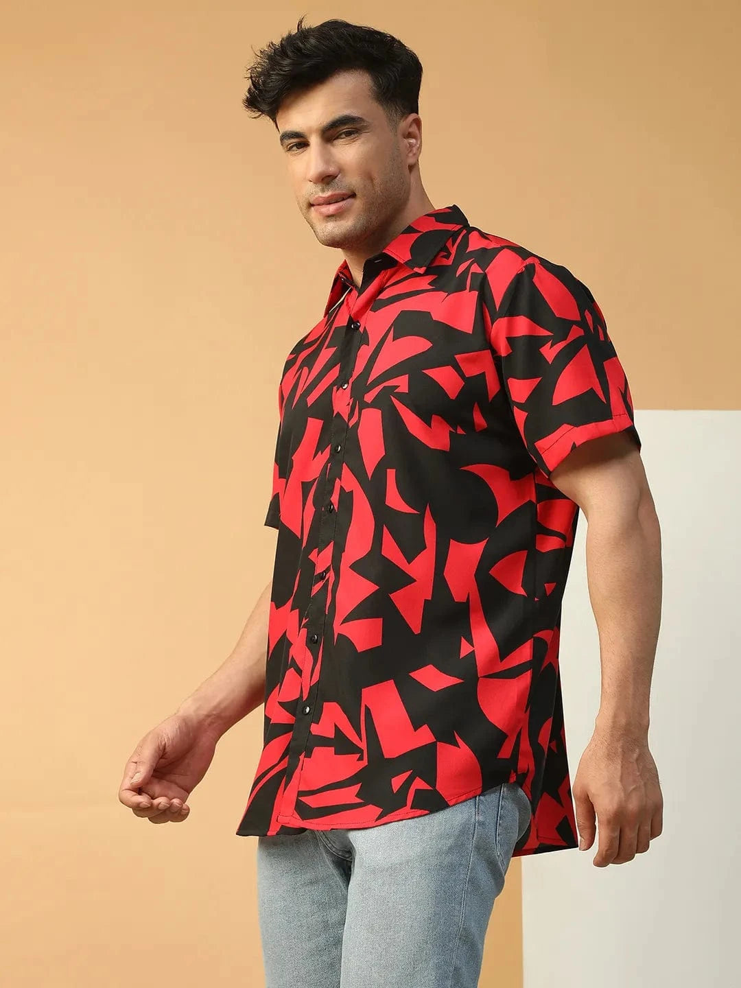Strong Red Abstract Print Collared Short Sleeve Men Oversized Shirt