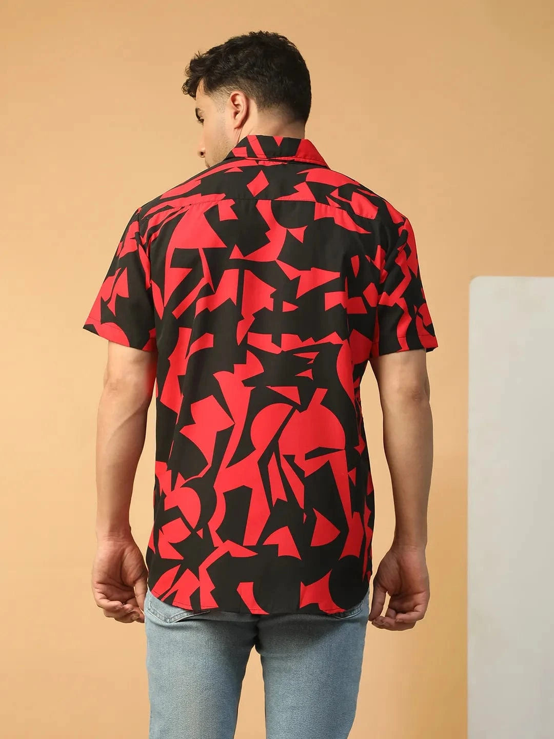 Strong Red Abstract Print Collared Short Sleeve Men Oversized Shirt