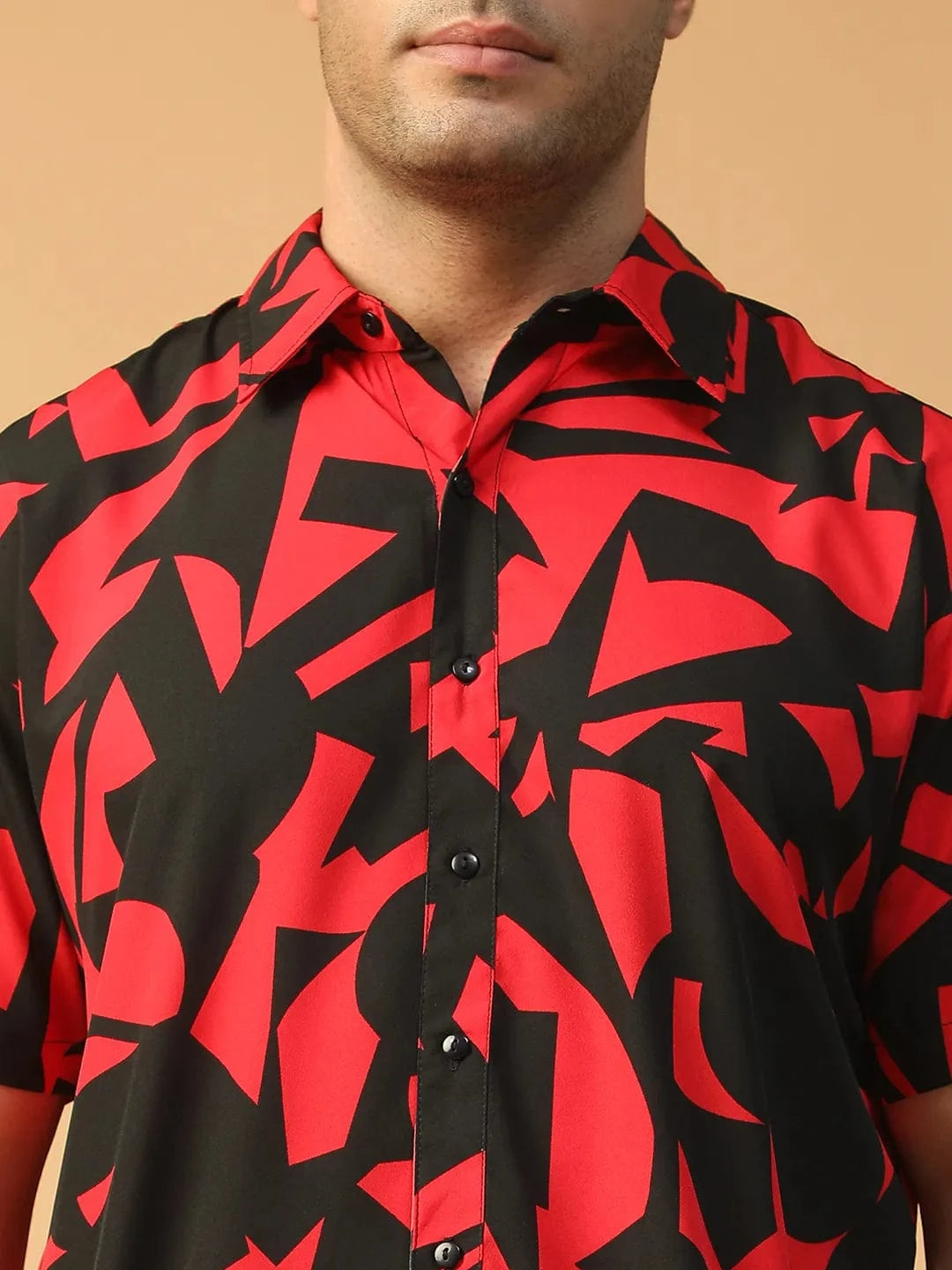 Strong Red Abstract Print Collared Short Sleeve Men Oversized Shirt