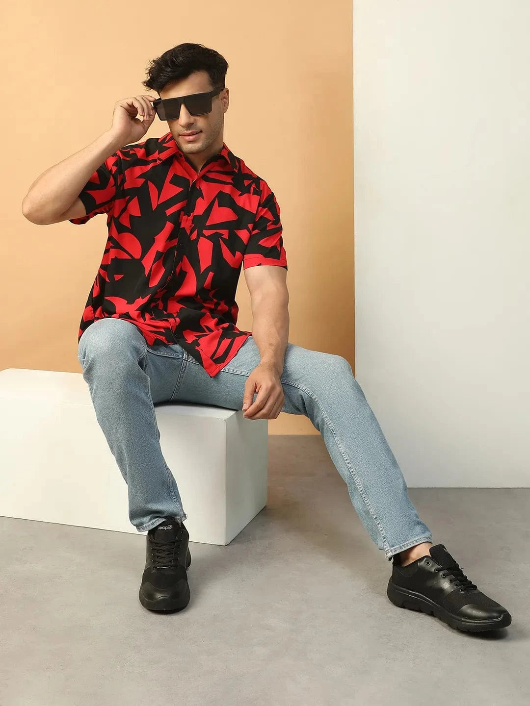 Strong Red Abstract Print Collared Short Sleeve Men Oversized Shirt