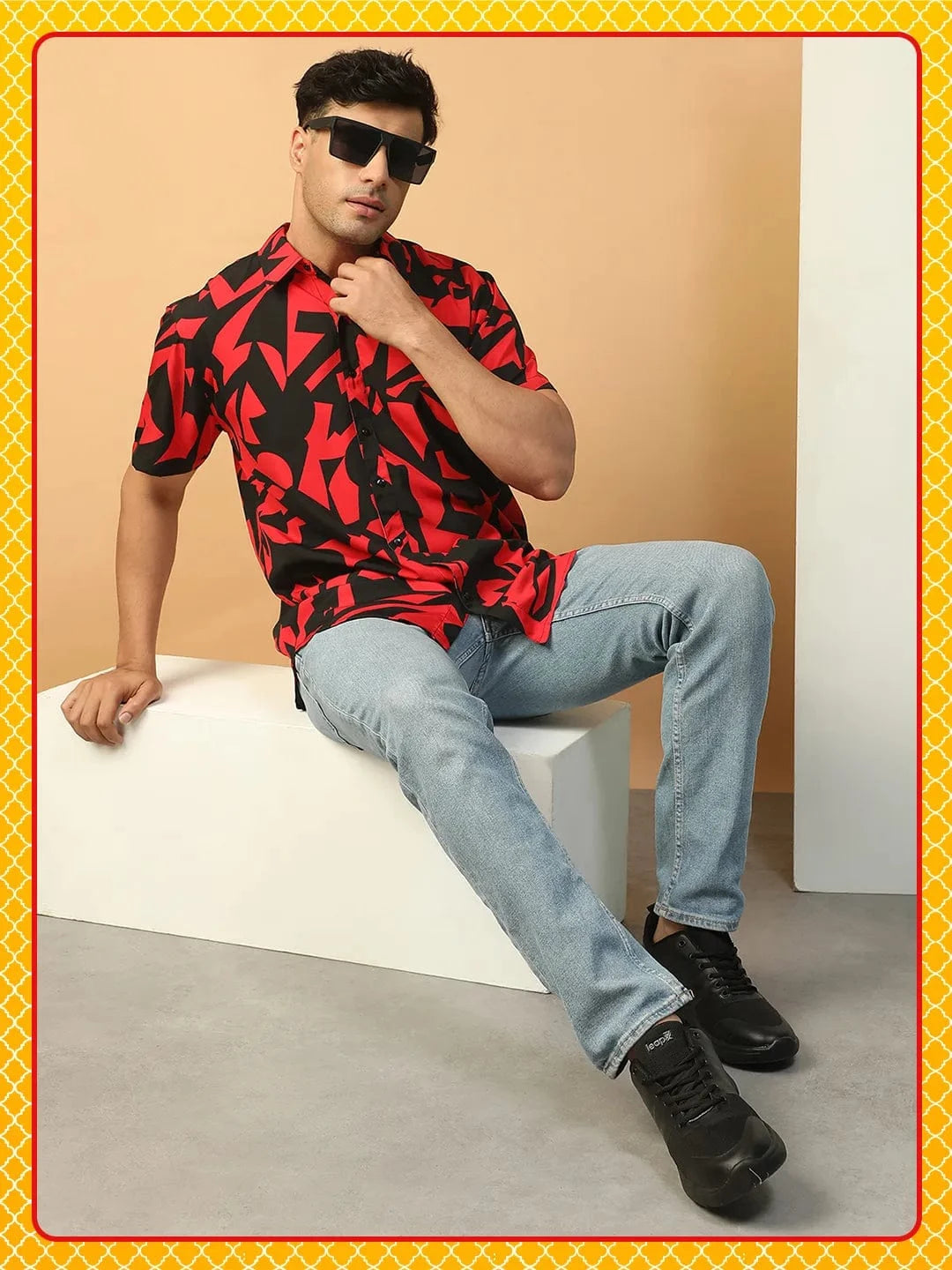 Strong Red Abstract Print Collared Short Sleeve Men Oversized Shirt