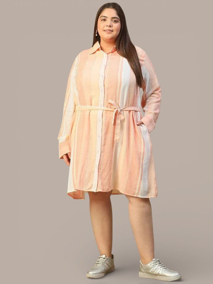 Peach Stripe Print Collared Button Down With Waist Belt Plus Size Women Yarn Dyed Cotton Dobby Dress