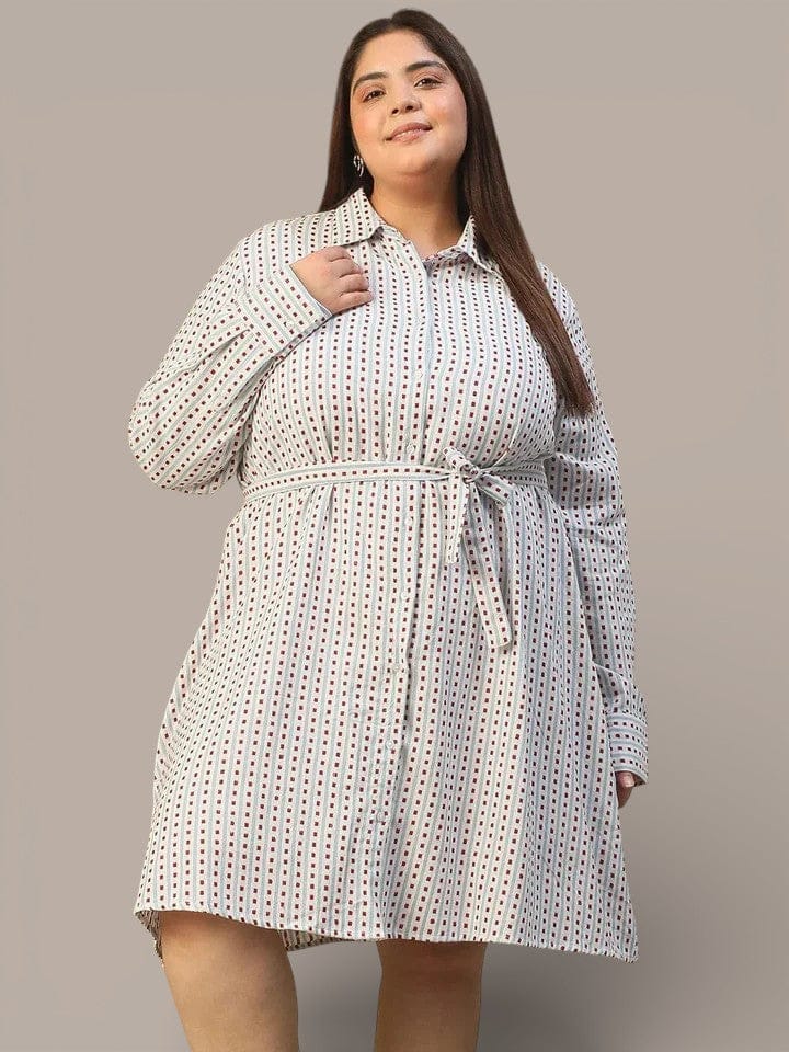 White Collared Button Down With Waist Belt Plus Size Women Yarn Dyed Cotton Dobby Dress