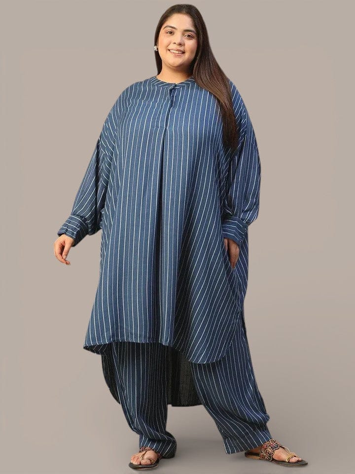 Dark Blue Stripe Print High Low Hem Tunic & Trouser Dobby Textured Plus Size Women Co-Ord Set