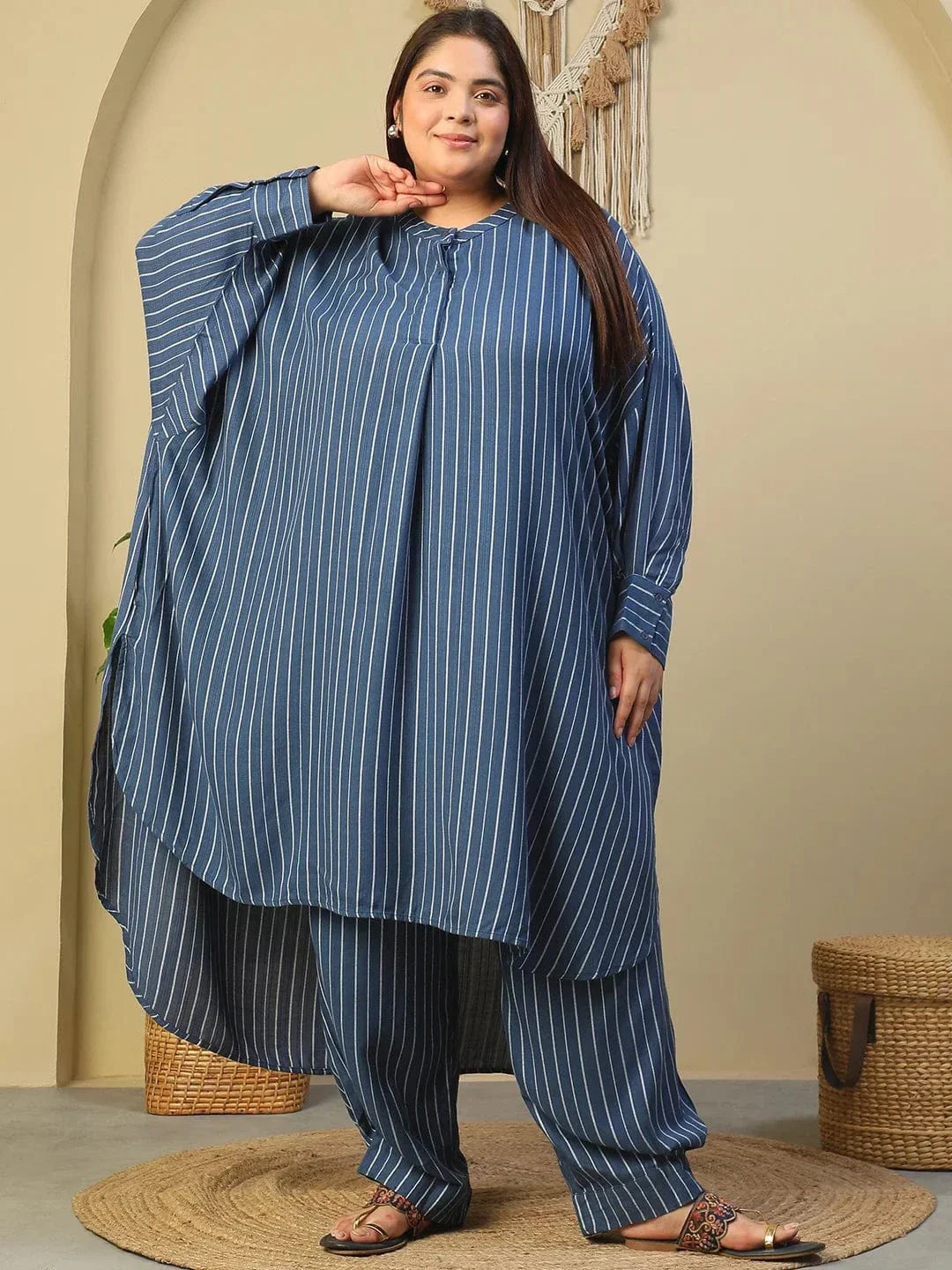 Dark Blue Stripe Print High Low Hem Tunic & Trouser Dobby Textured Plus Size Women Co-Ord Set - oxolloxo