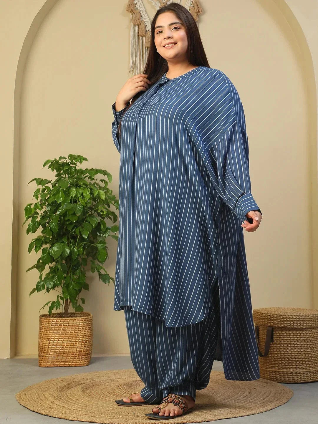 Dark Blue Stripe Print High Low Hem Tunic & Trouser Dobby Textured Plus Size Women Co-Ord Set - oxolloxo