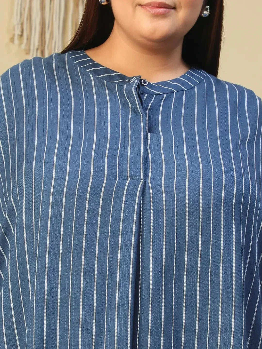 Dark Blue Stripe Print High Low Hem Tunic & Trouser Dobby Textured Plus Size Women Co-Ord Set - oxolloxo