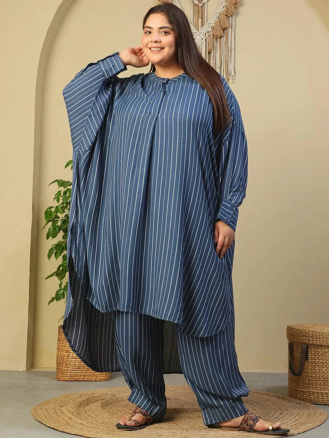 Dark Blue Stripe Print High Low Hem Tunic & Trouser Dobby Textured Plus Size Women Co-Ord Set - oxolloxo