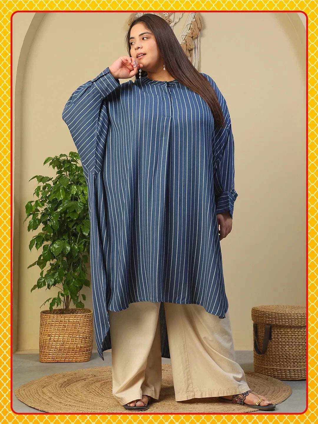 Blue Round Neck With Button Placket Long Sleeve High Low Plus Size Women Dobby Tunic