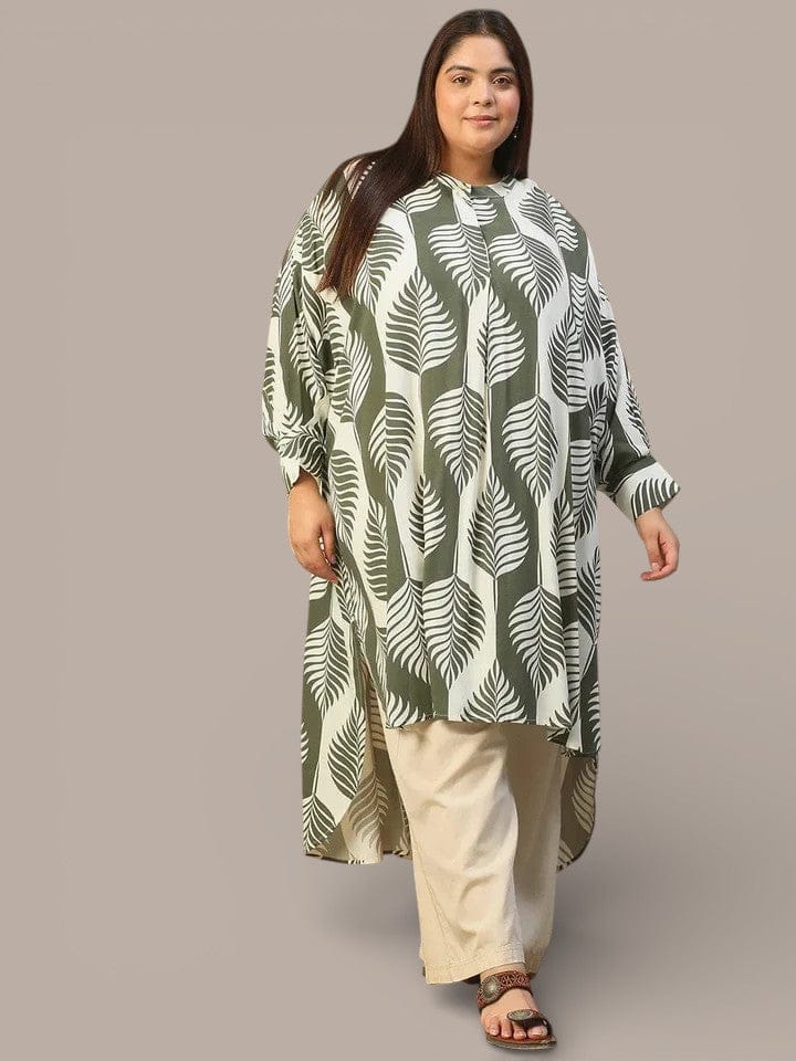 Green Round Neck With Button Placket Rayon Tropical Print Long Sleeve High Low Plus Size Women Tunic