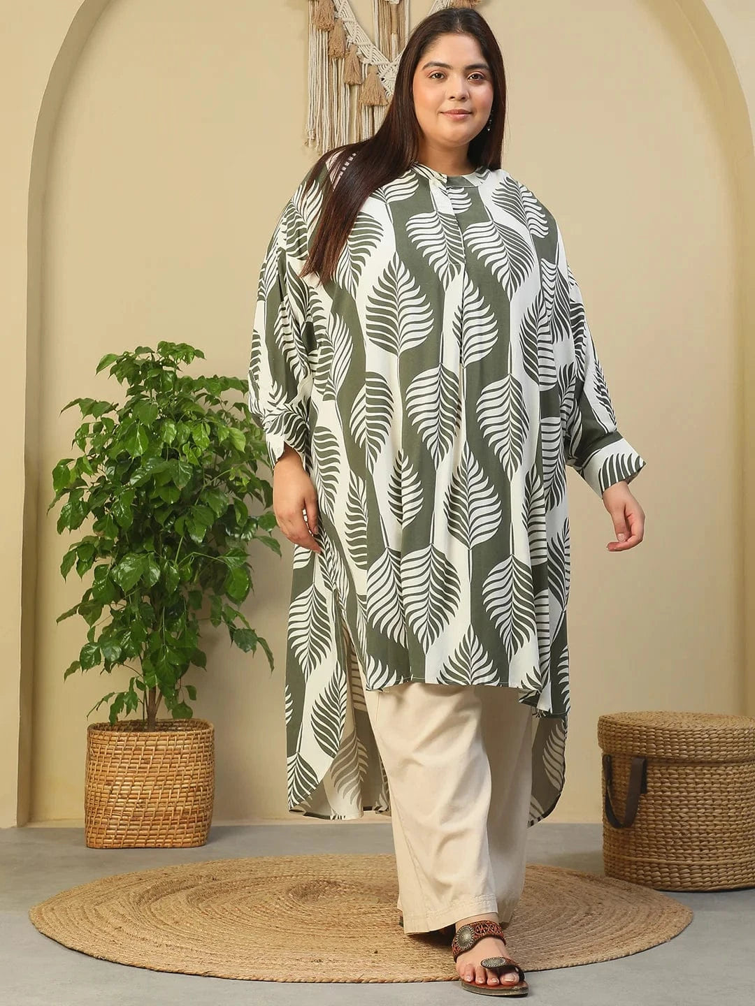 Green Round Neck With Button Placket Rayon Tropical Print Long Sleeve High Low Plus Size Women Tunic