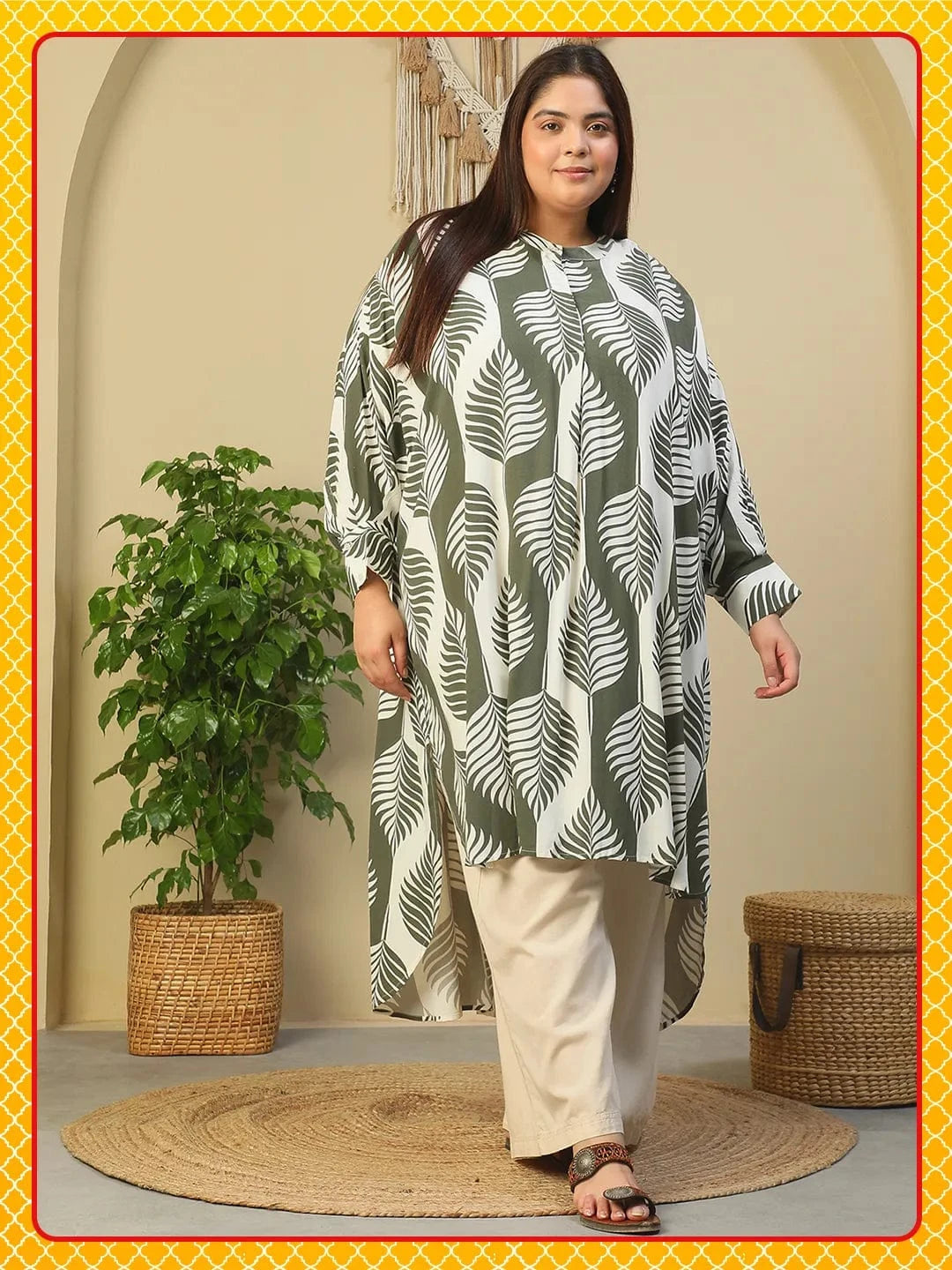 Green Round Neck With Button Placket Rayon Tropical Print Long Sleeve High Low Plus Size Women Tunic