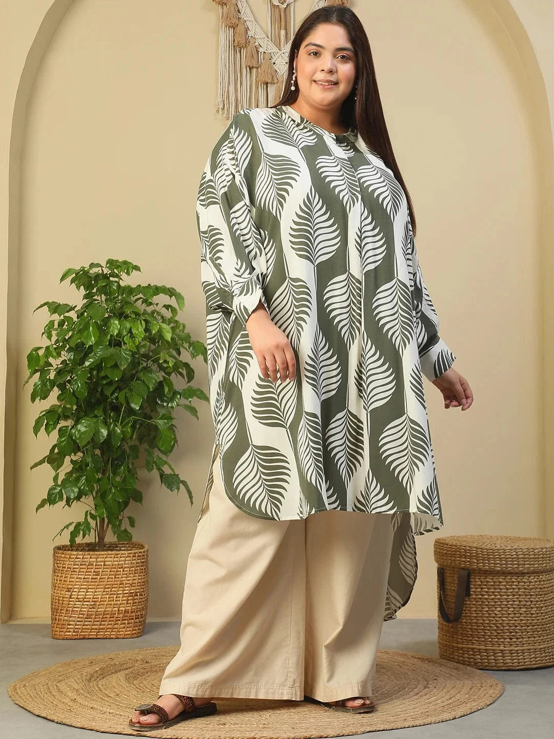Green Round Neck With Button Placket Rayon Tropical Print Long Sleeve High Low Plus Size Women Tunic
