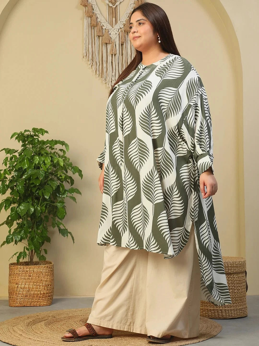 Green Round Neck With Button Placket Rayon Tropical Print Long Sleeve High Low Plus Size Women Tunic