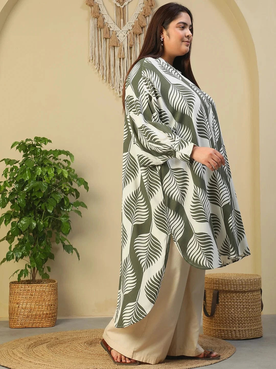 Green Round Neck With Button Placket Rayon Tropical Print Long Sleeve High Low Plus Size Women Tunic