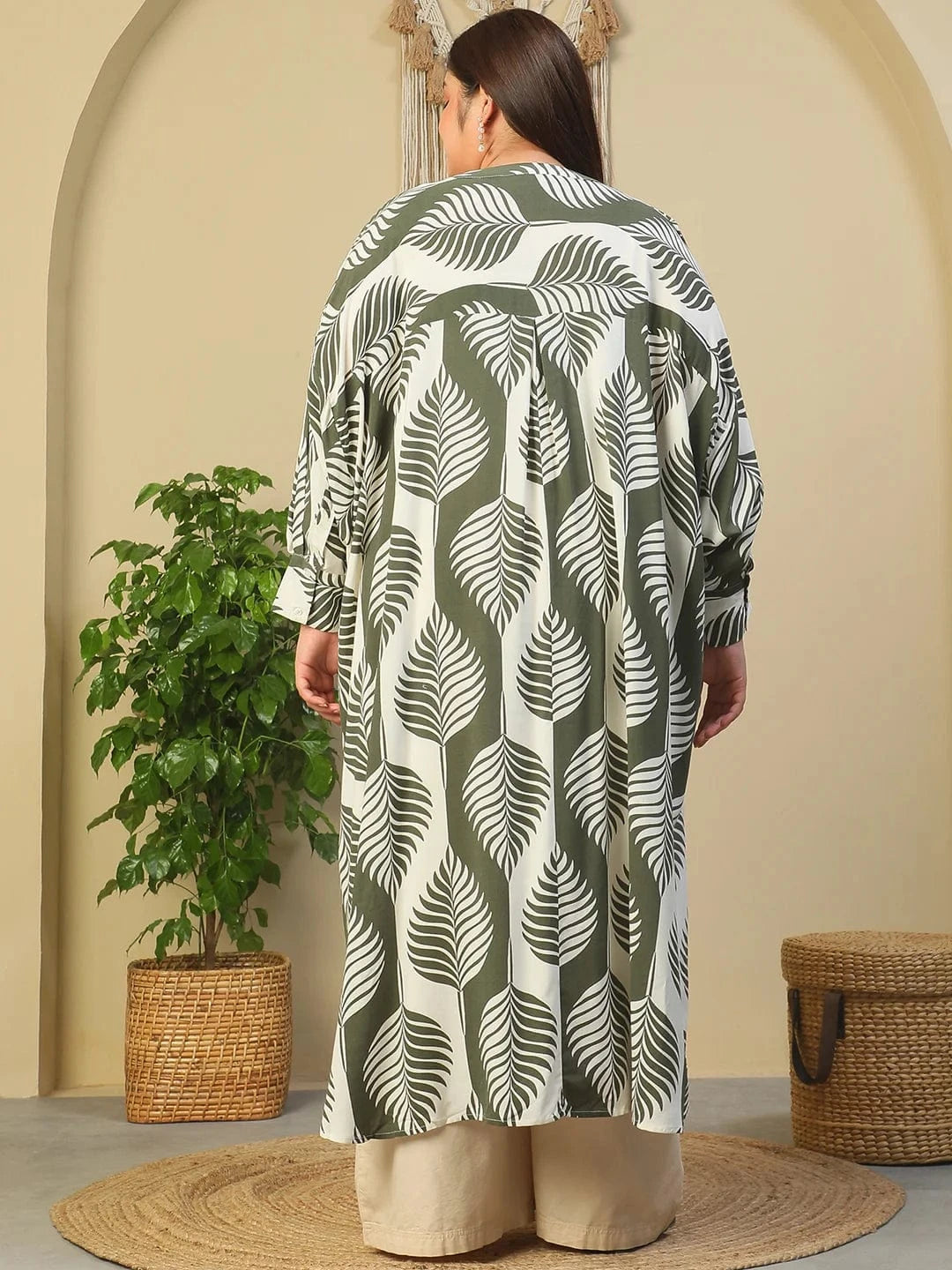 Green Round Neck With Button Placket Rayon Tropical Print Long Sleeve High Low Plus Size Women Tunic